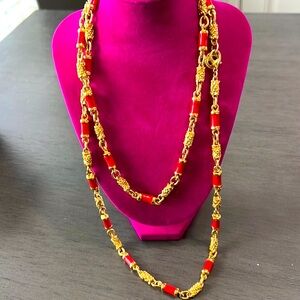 St.John Couture 22" Gold Plated Red Enamel Designer Station Necklace